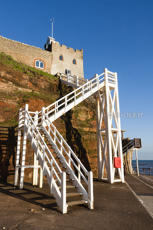 英格兰德文郡Sidmouth的Jacobs Ladder海滩入口台阶
